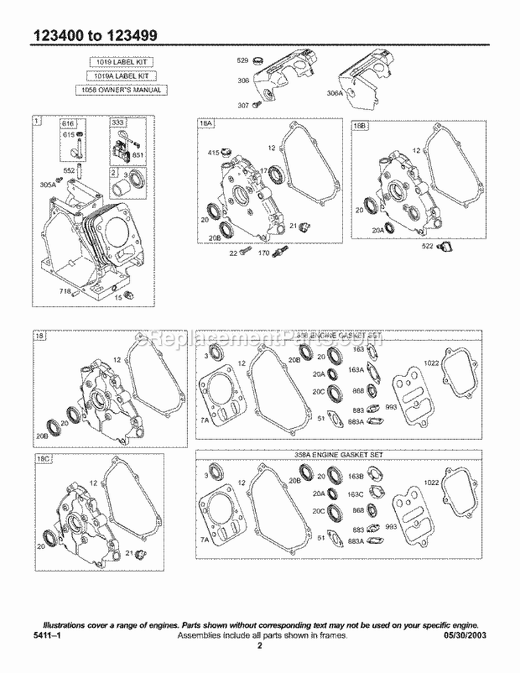 Crankcase CoverSumps Cylinder Group KitsGasket-Engine Diagram and Parts List for 123435-0168-E1  Briggs and Stratton Engine